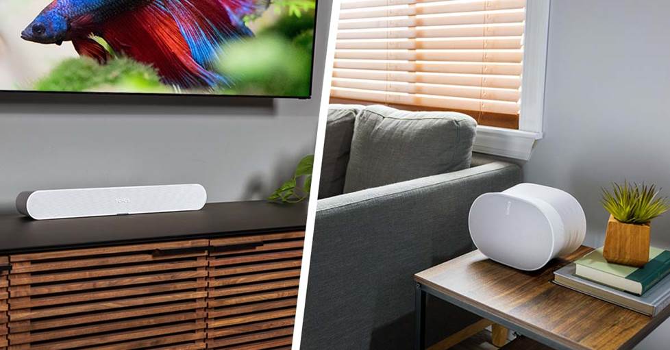 Sonos Ray sound bar and Era 300 speaker in different rooms